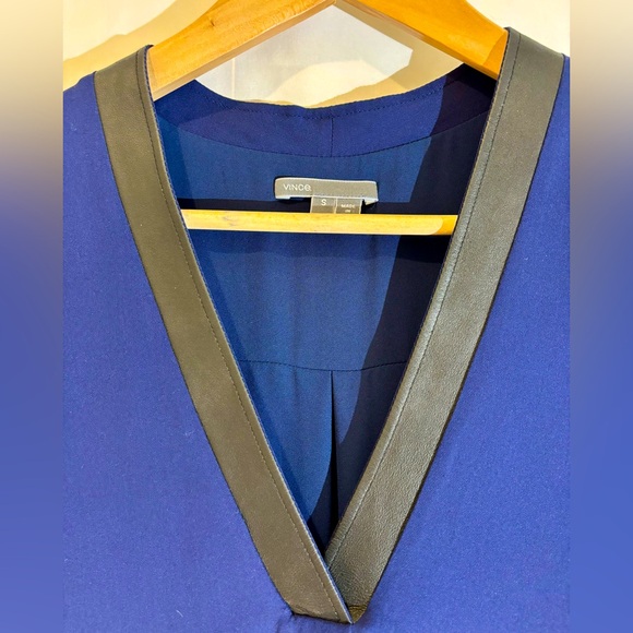 VINCE Silk and Leather Trimmed Navy Dress - size small - Picture 4 of 5